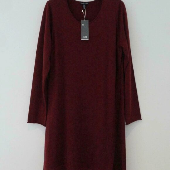 NWT EILEEN FISHER PASFL Burgundy Merino Wool Jersey Jewel Neck LS Dress XL - Picture 6 of 7